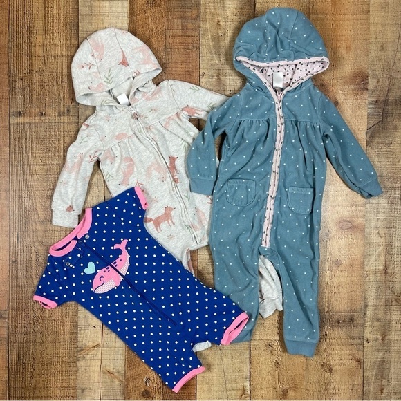 Carter's 18 Months Fleece Hooded Rompers Shorts Romper Fox Whale Pastel Forest - Picture 1 of 7